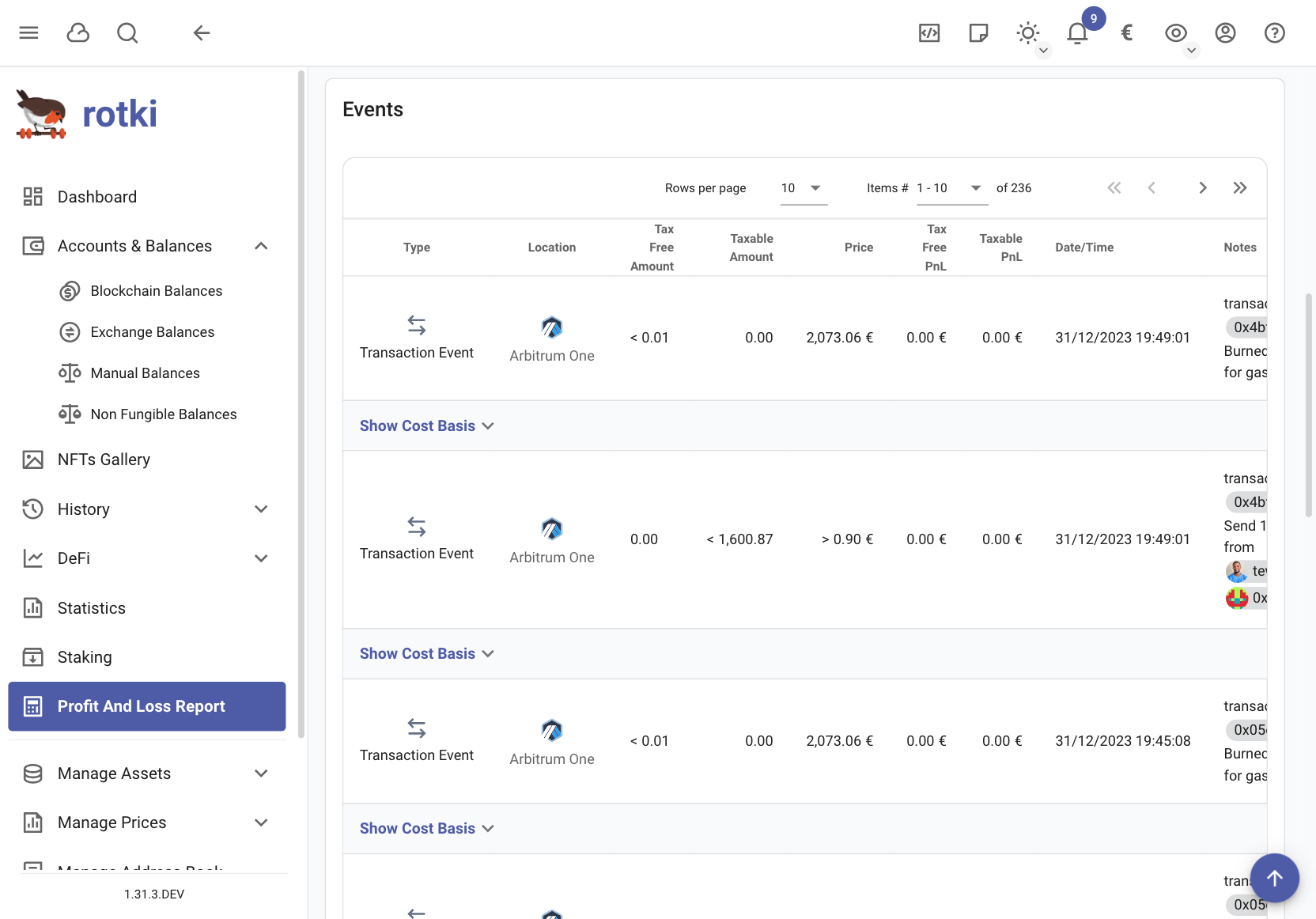 Event list of the profit/loss report