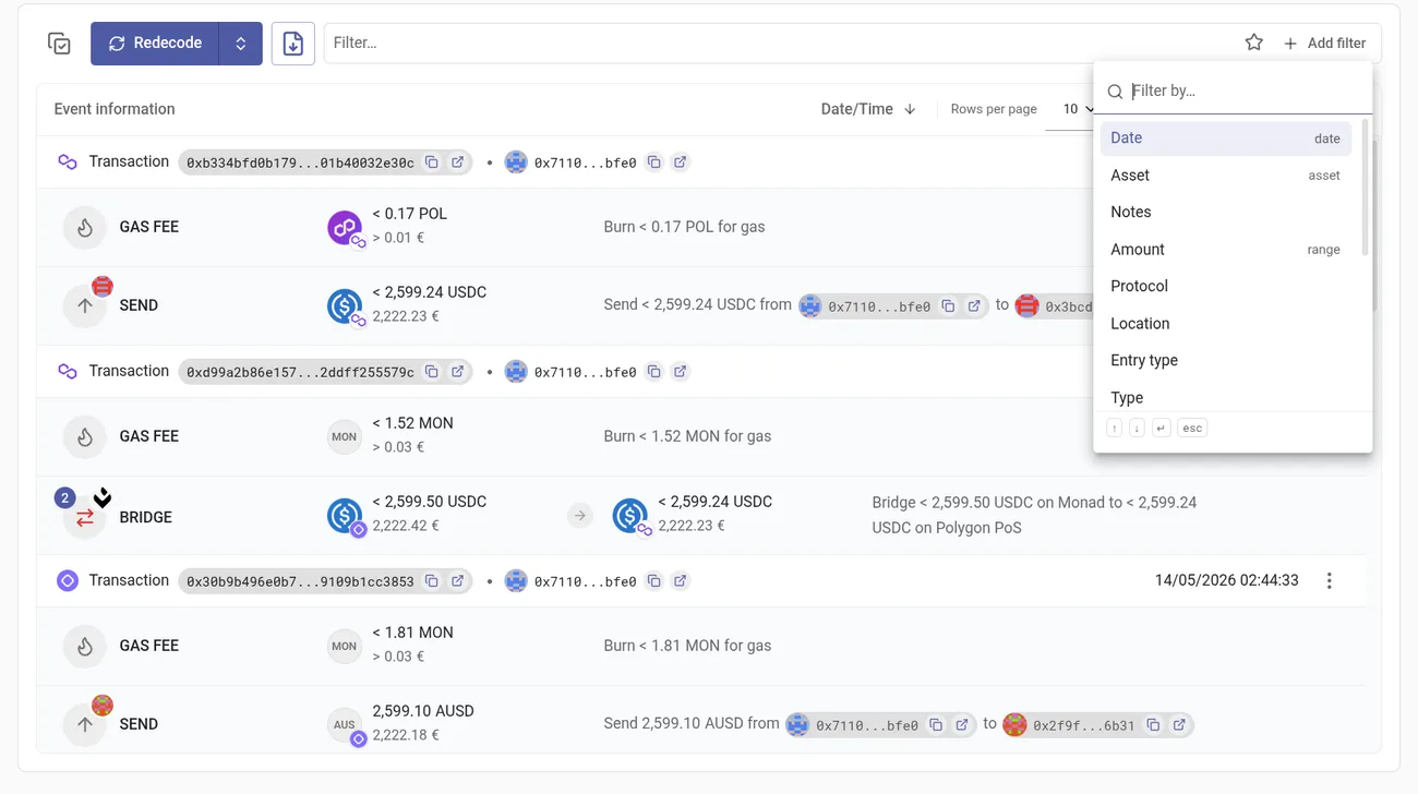 The Add filter menu listing every available field