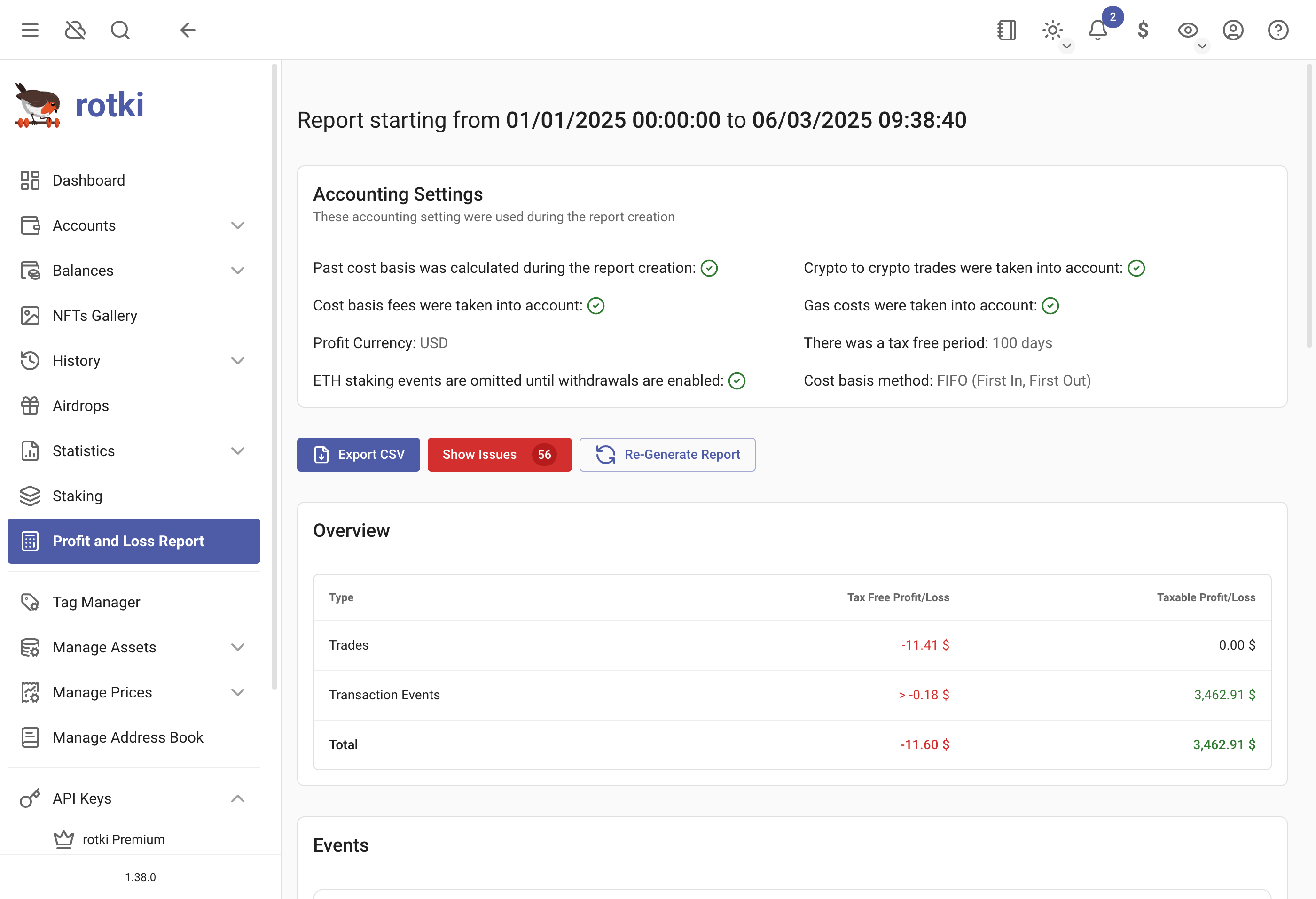 Overview of the profit/loss report