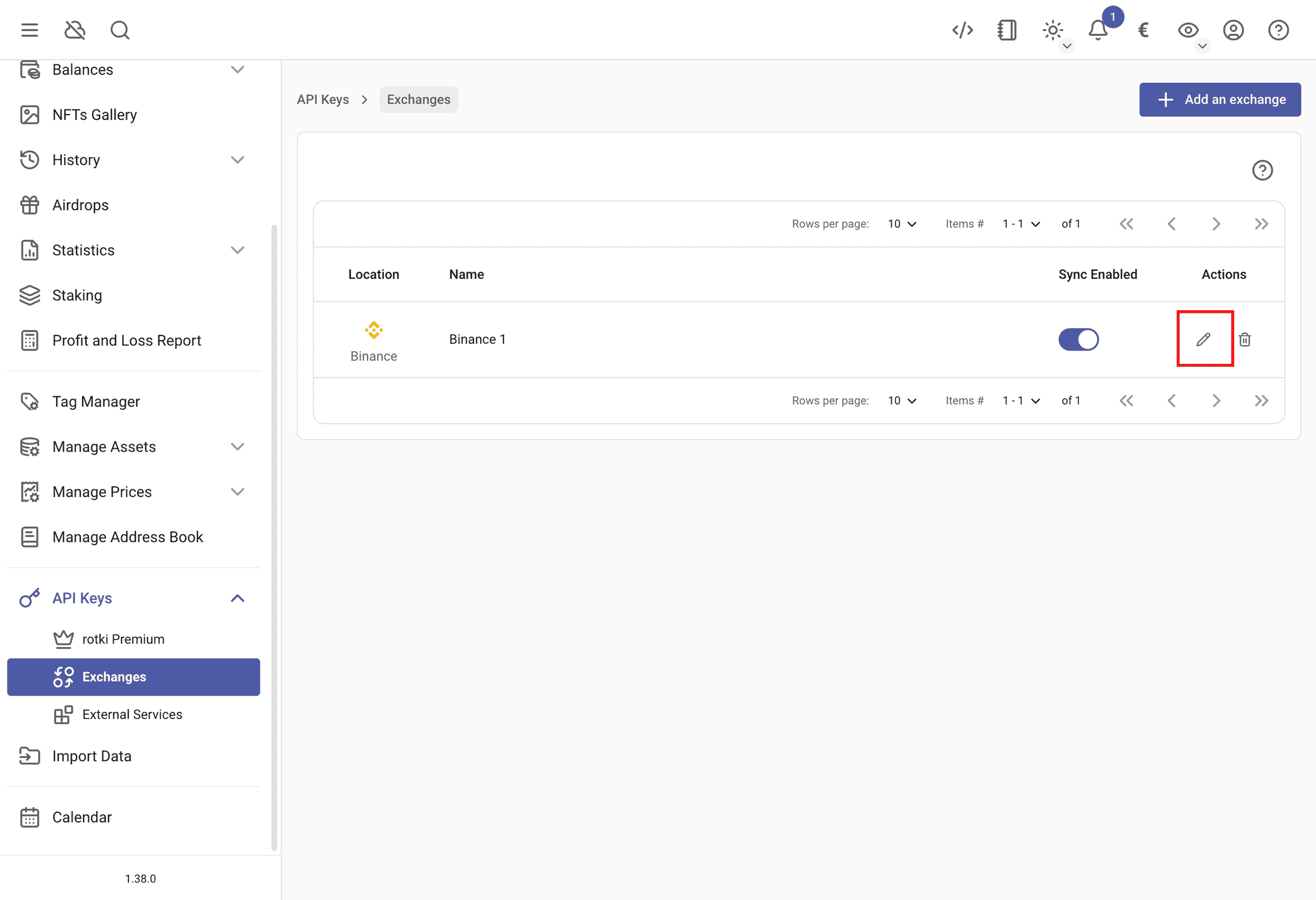 Edit Binance in the exchanges section